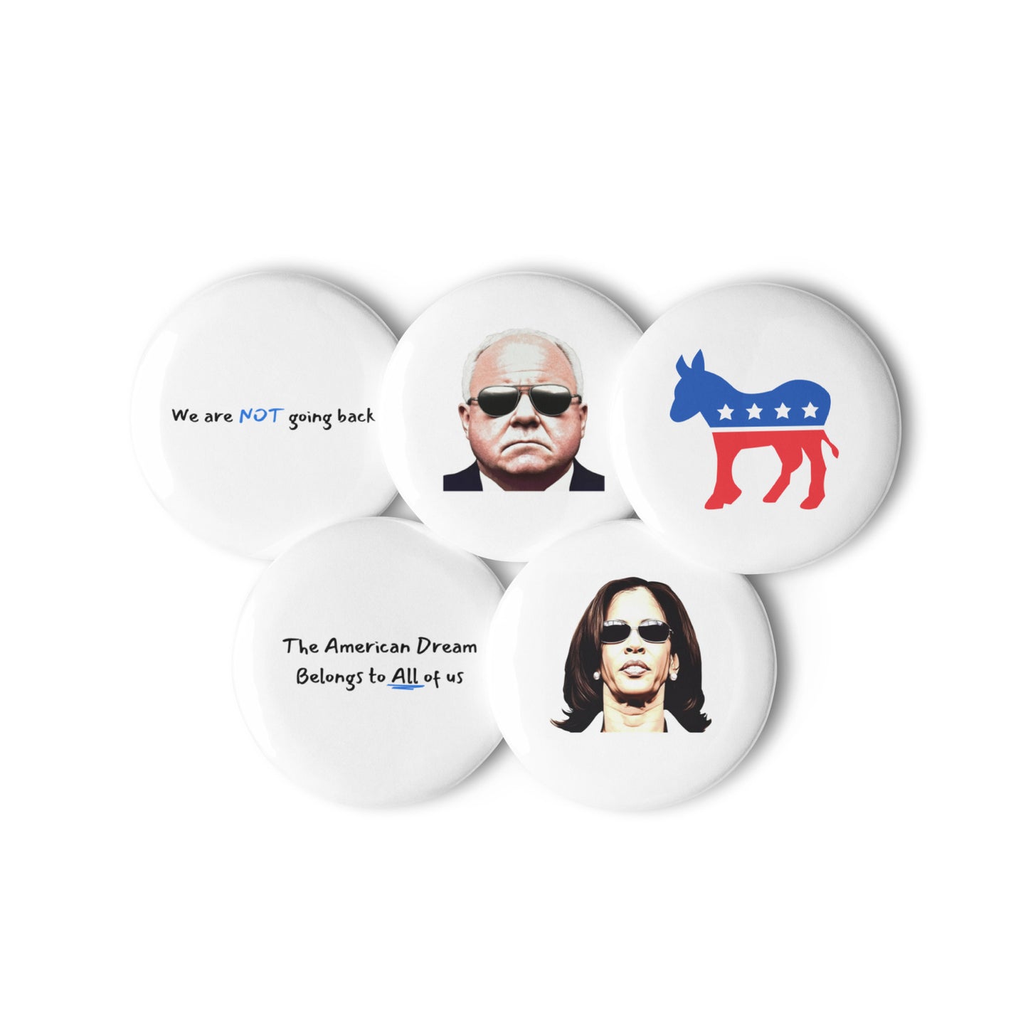 5-Pin Democrat Set – Kamala Harris, Tim Walz, and Messages of Change