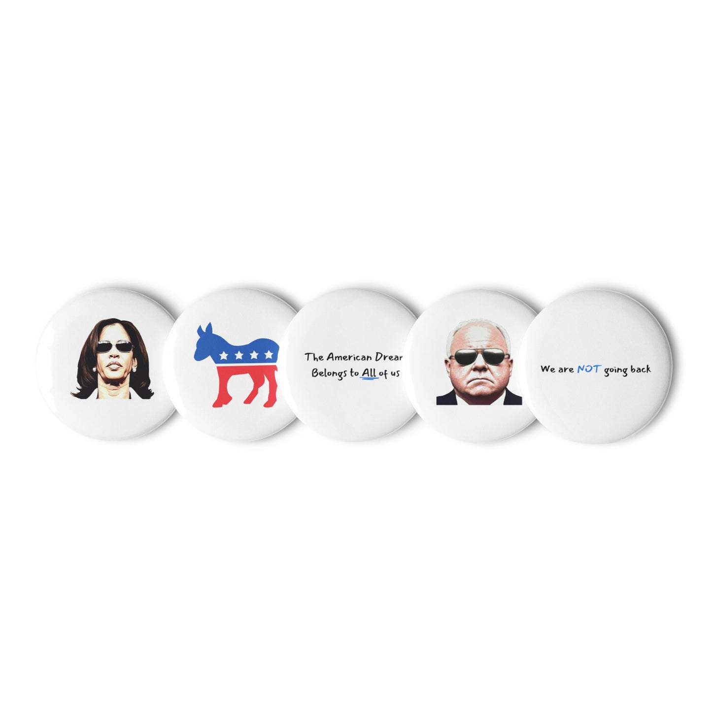 5-Pin Democrat Set – Kamala Harris, Tim Walz, and Messages of Change