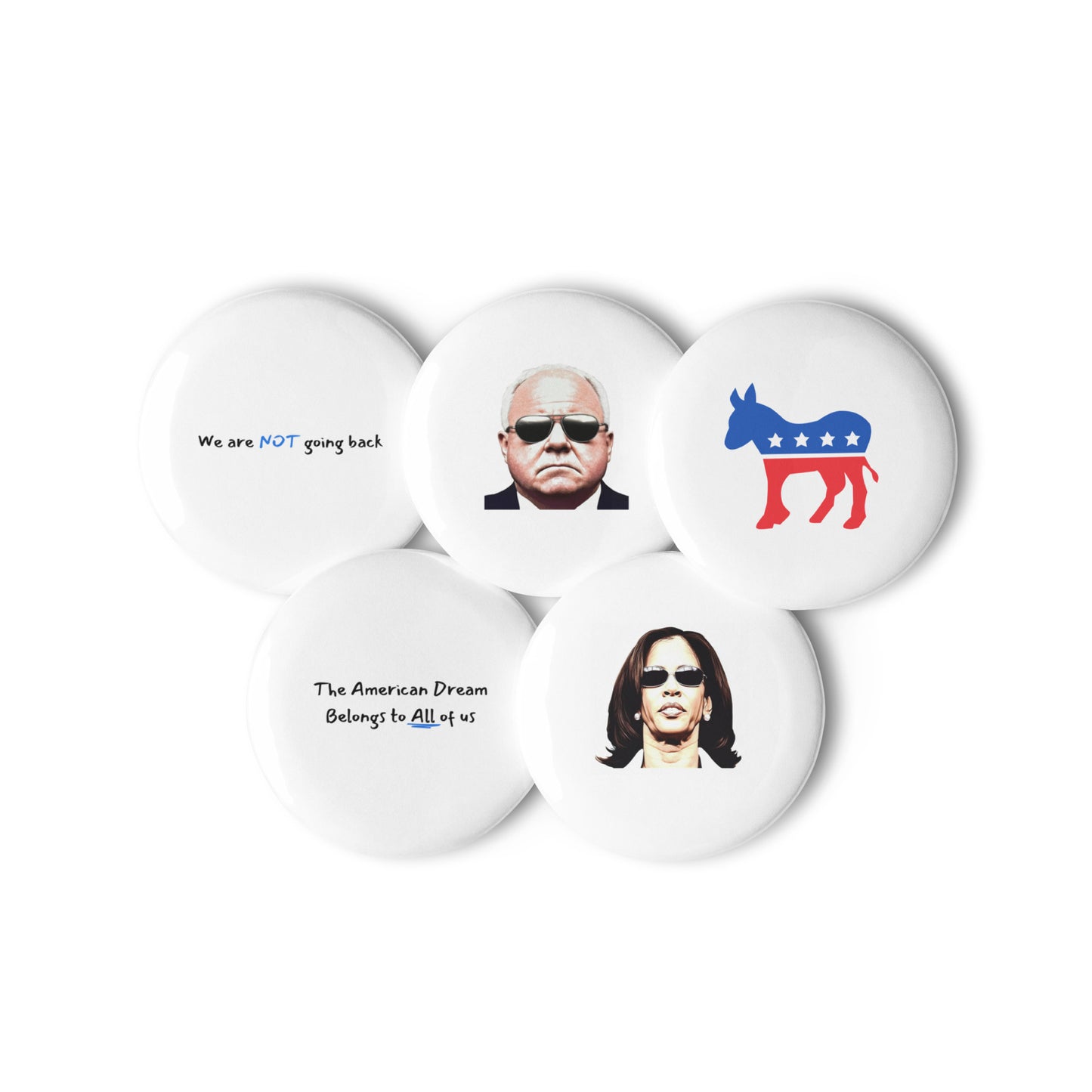 5-Pin Democrat Set – Kamala Harris, Tim Walz, and Messages of Change