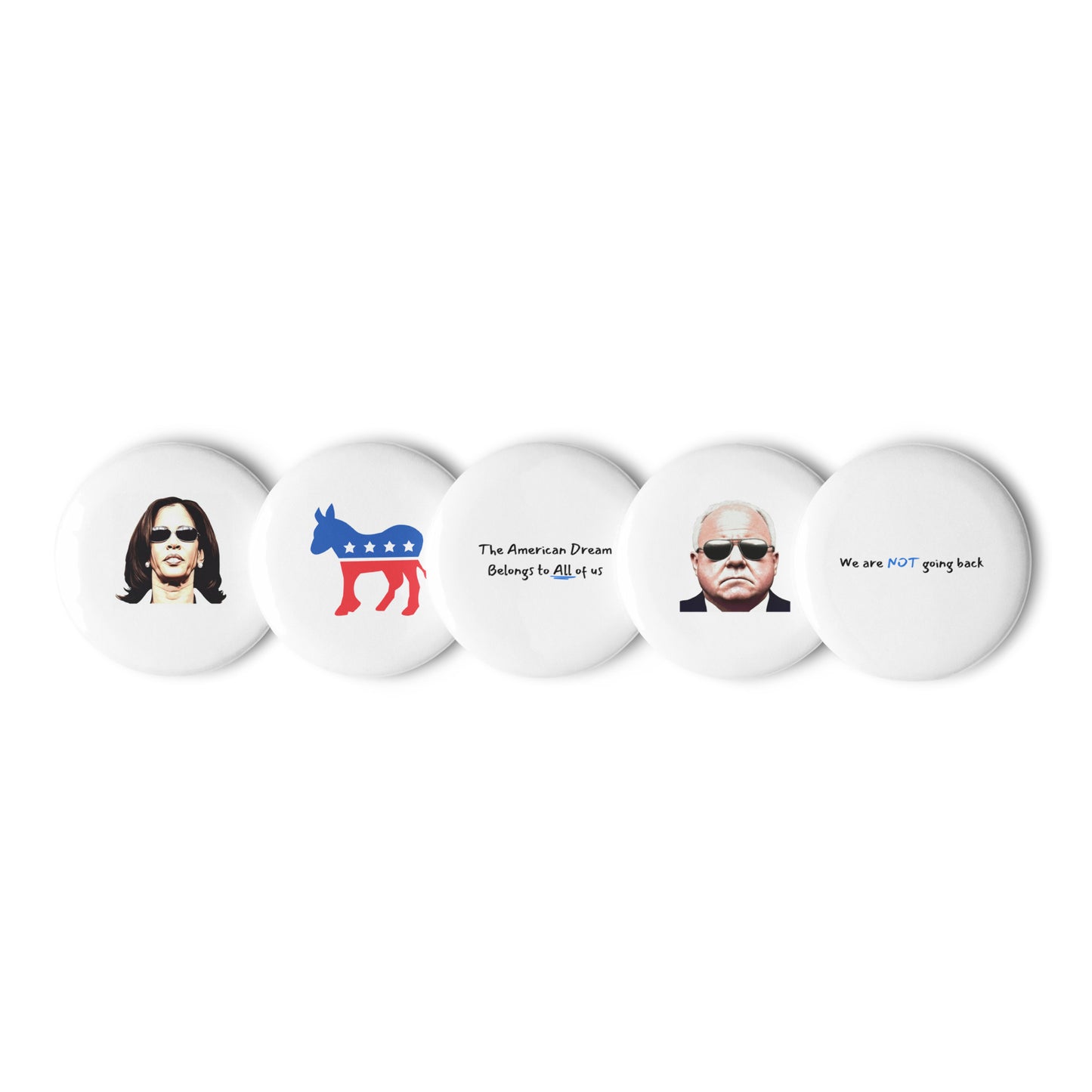 5-Pin Democrat Set – Kamala Harris, Tim Walz, and Messages of Change